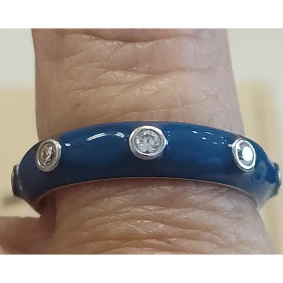 925 Sterling Silver C Z Blue Enamel Band Ring Size 7 "Optimistic" Engraved Insid - Picture 2 of 5